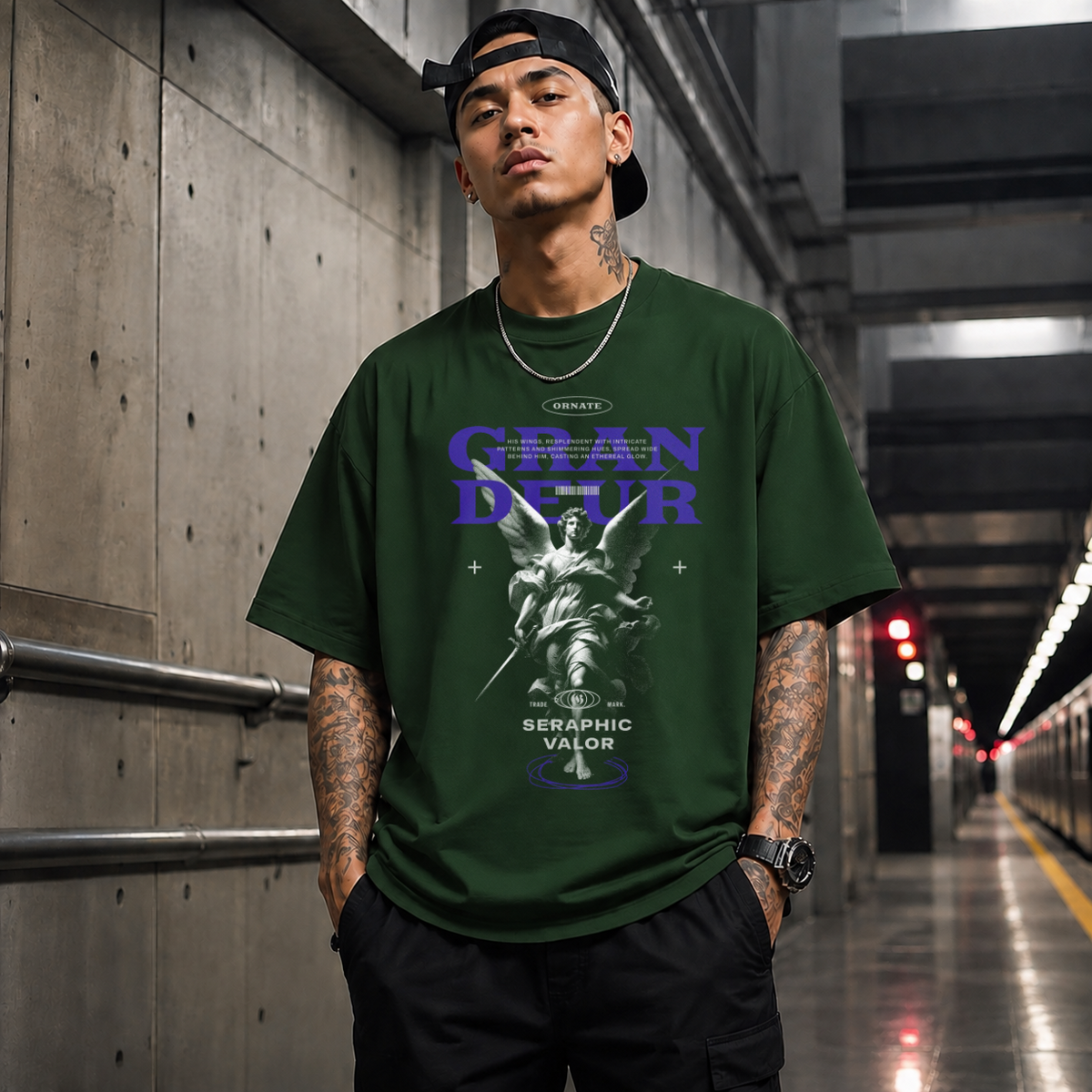 Ornate Grandeur Seraphic Valor Statue T-Shirt – Dark Art / Renaissance Aesthetic Graphic Tee - Color: Forest Green