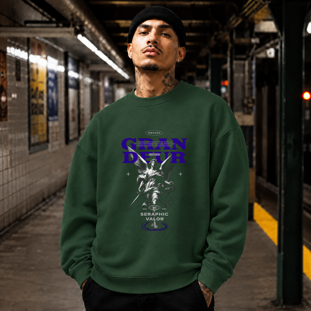 Ornate Grandeur Seraphic Valor Statue T-Shirt – Dark Art / Renaissance Aesthetic Graphic Tee - Color: forest green