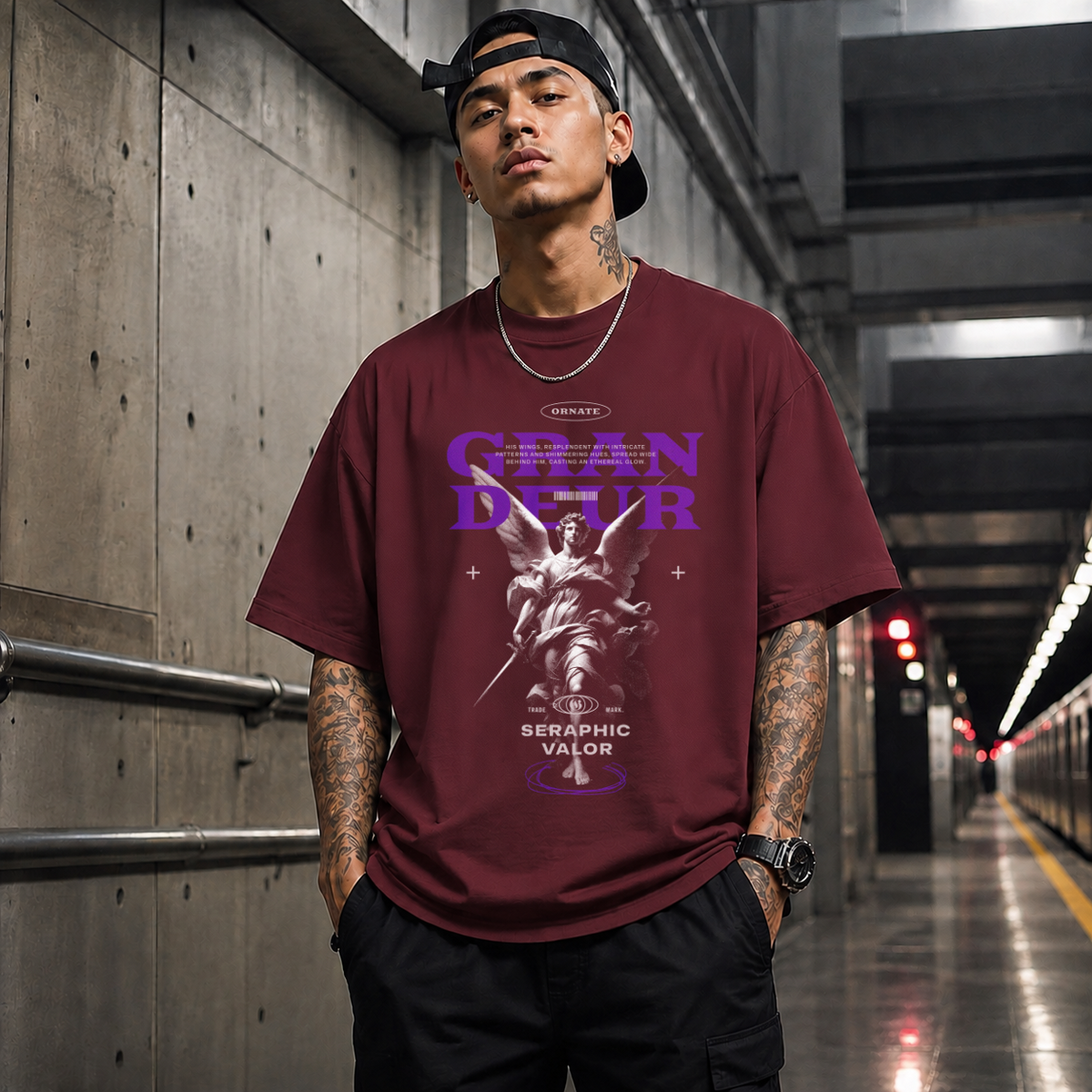 Ornate Grandeur Seraphic Valor Statue T-Shirt – Dark Art / Renaissance Aesthetic Graphic Tee - Color: Maroon
