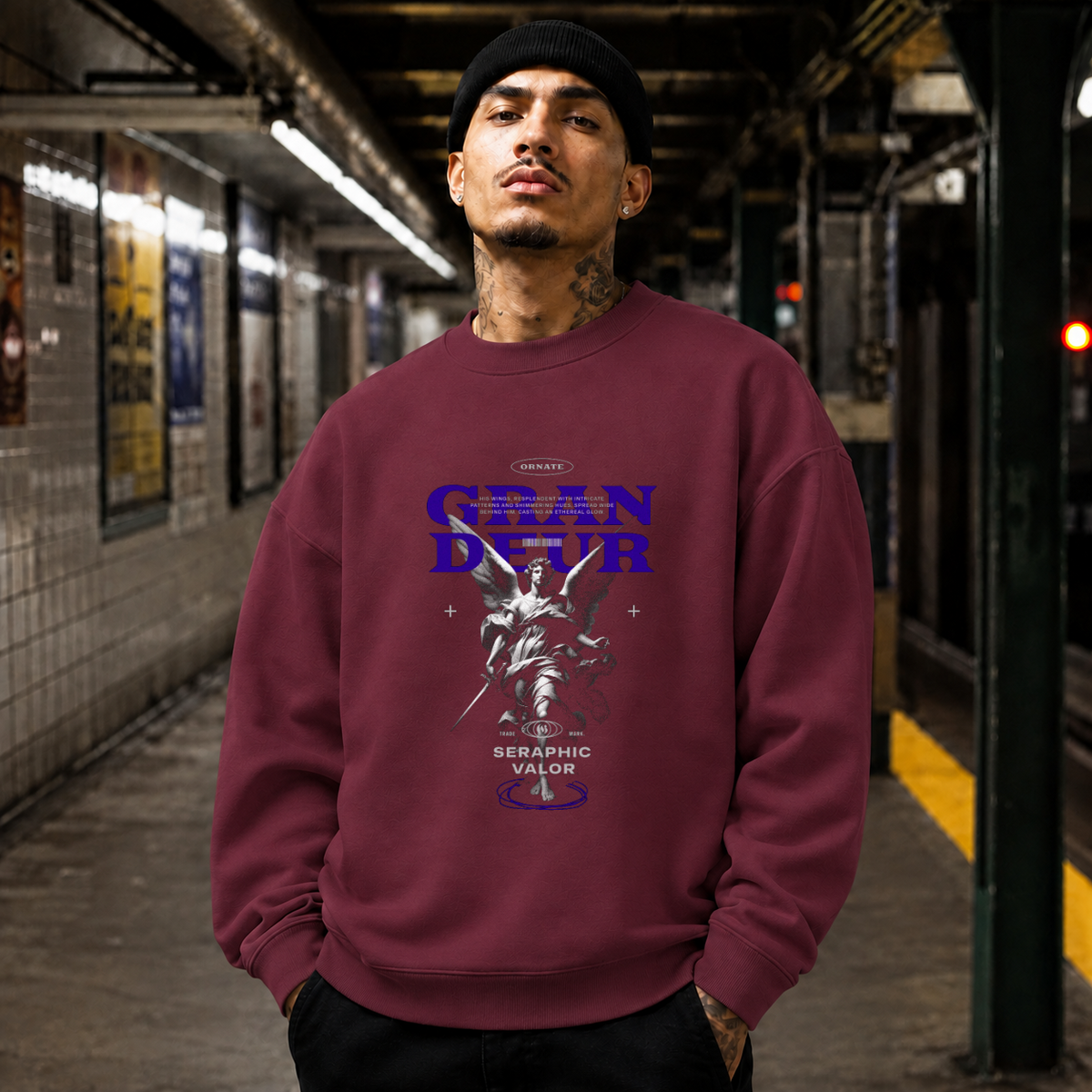 Ornate Grandeur Seraphic Valor Statue T-Shirt – Dark Art / Renaissance Aesthetic Graphic Tee - Color: maroon