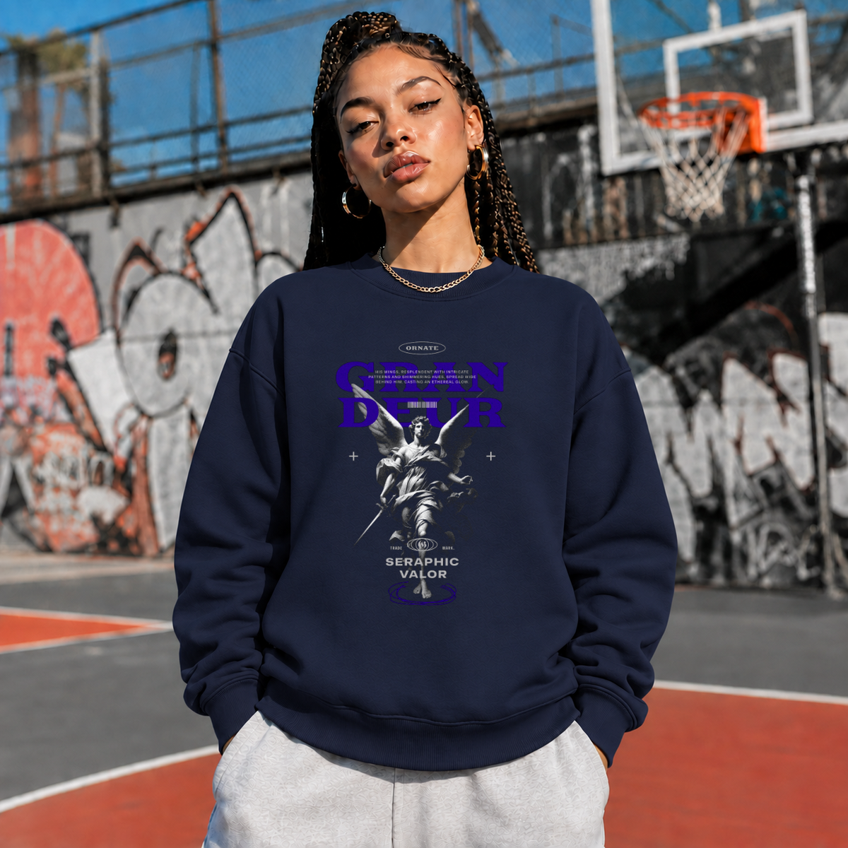 Ornate Grandeur Seraphic Valor Statue T-Shirt – Dark Art / Renaissance Aesthetic Graphic Tee - Color: navy