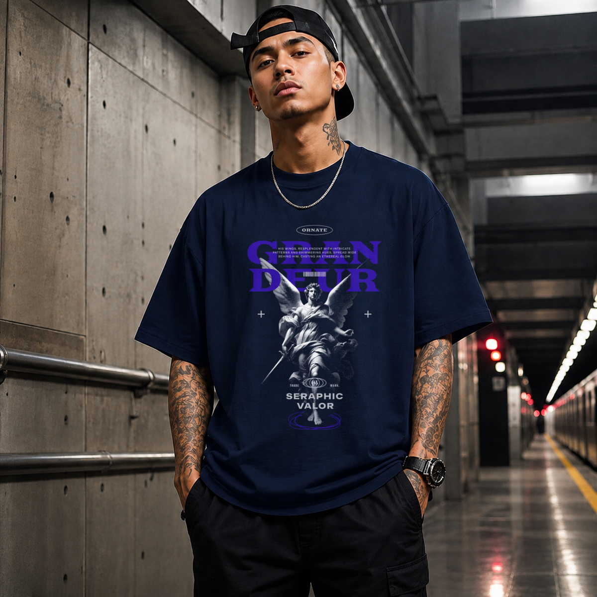 Ornate Grandeur Seraphic Valor Statue T-Shirt – Dark Art / Renaissance Aesthetic Graphic Tee - Color: Navy