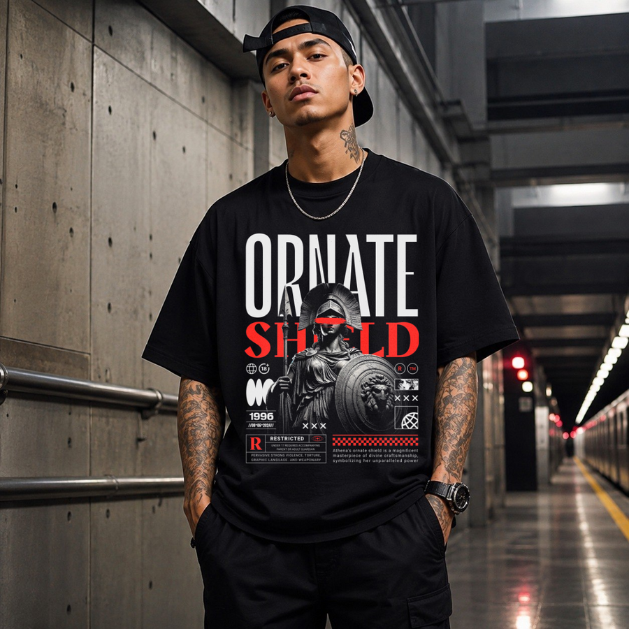Ornate Shield Skull Knight T-Shirt – Dark Editorial / Gothic Streetwear Tee - Color: Black