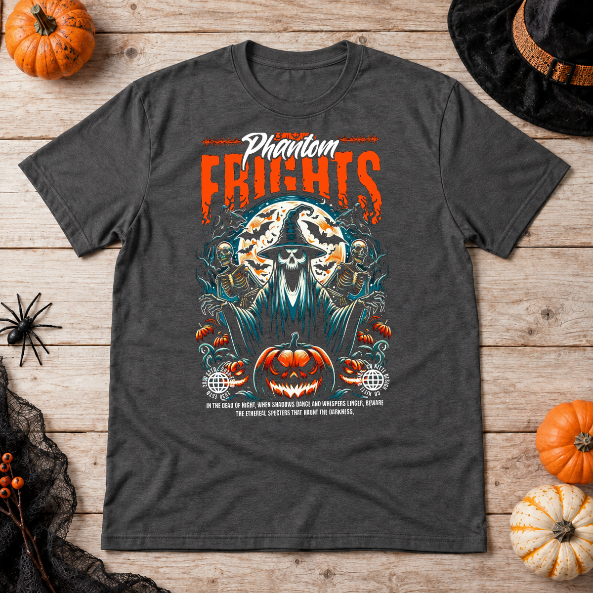 Phantom Frights T-Shirt – Skull & Reaper Gothic Graphic Graphic Tee - Color: dark heather