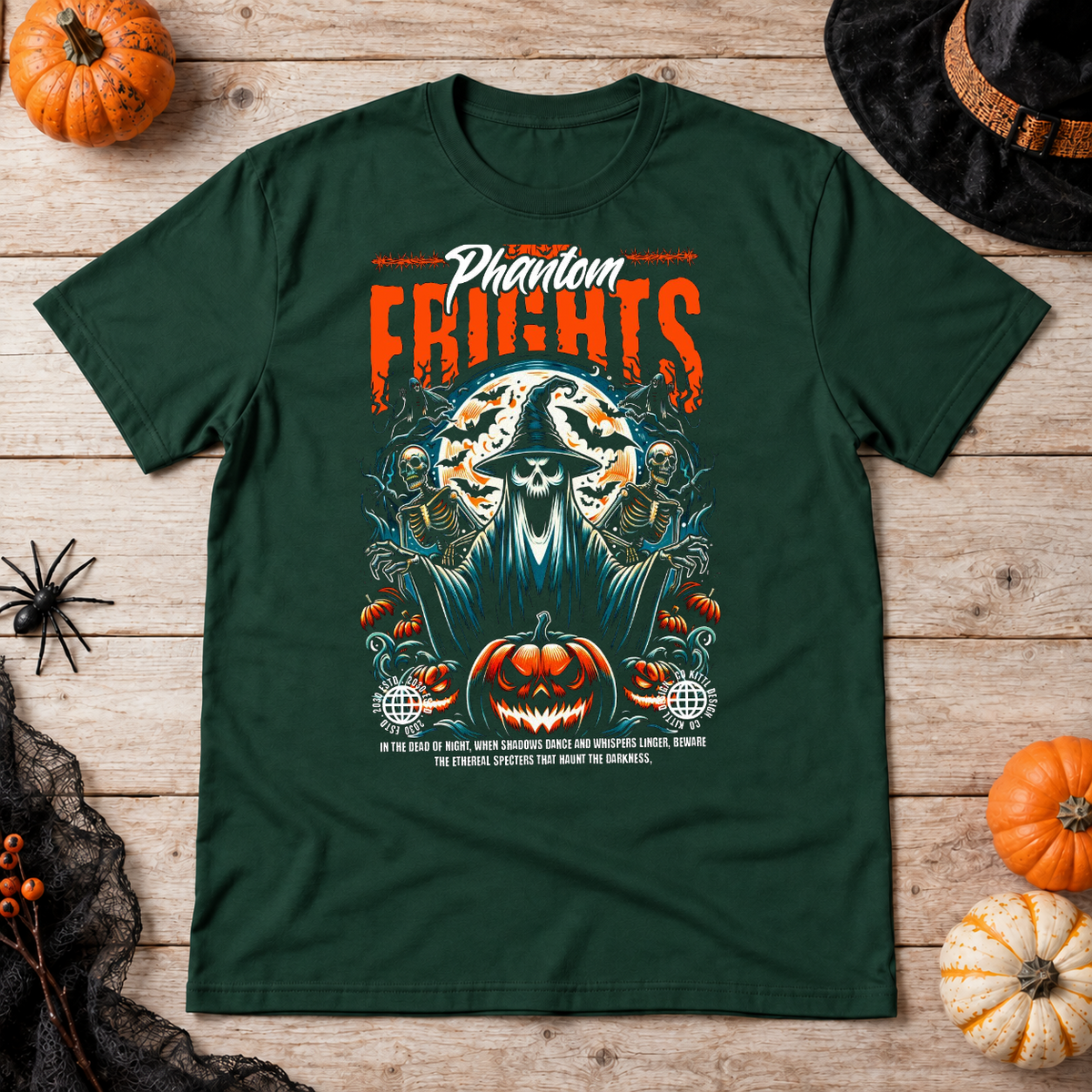 Phantom Frights T-Shirt – Skull & Reaper Gothic Graphic Graphic Tee - Color: forest green