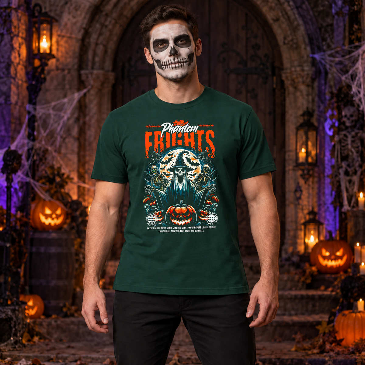 Phantom Frights T-Shirt – Skull & Reaper Gothic Graphic Graphic Tee - Color: forest green