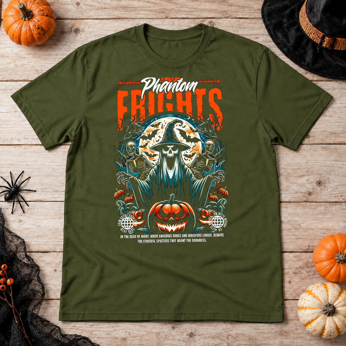 Phantom Frights T-Shirt – Skull & Reaper Gothic Graphic Graphic Tee - Color: military green