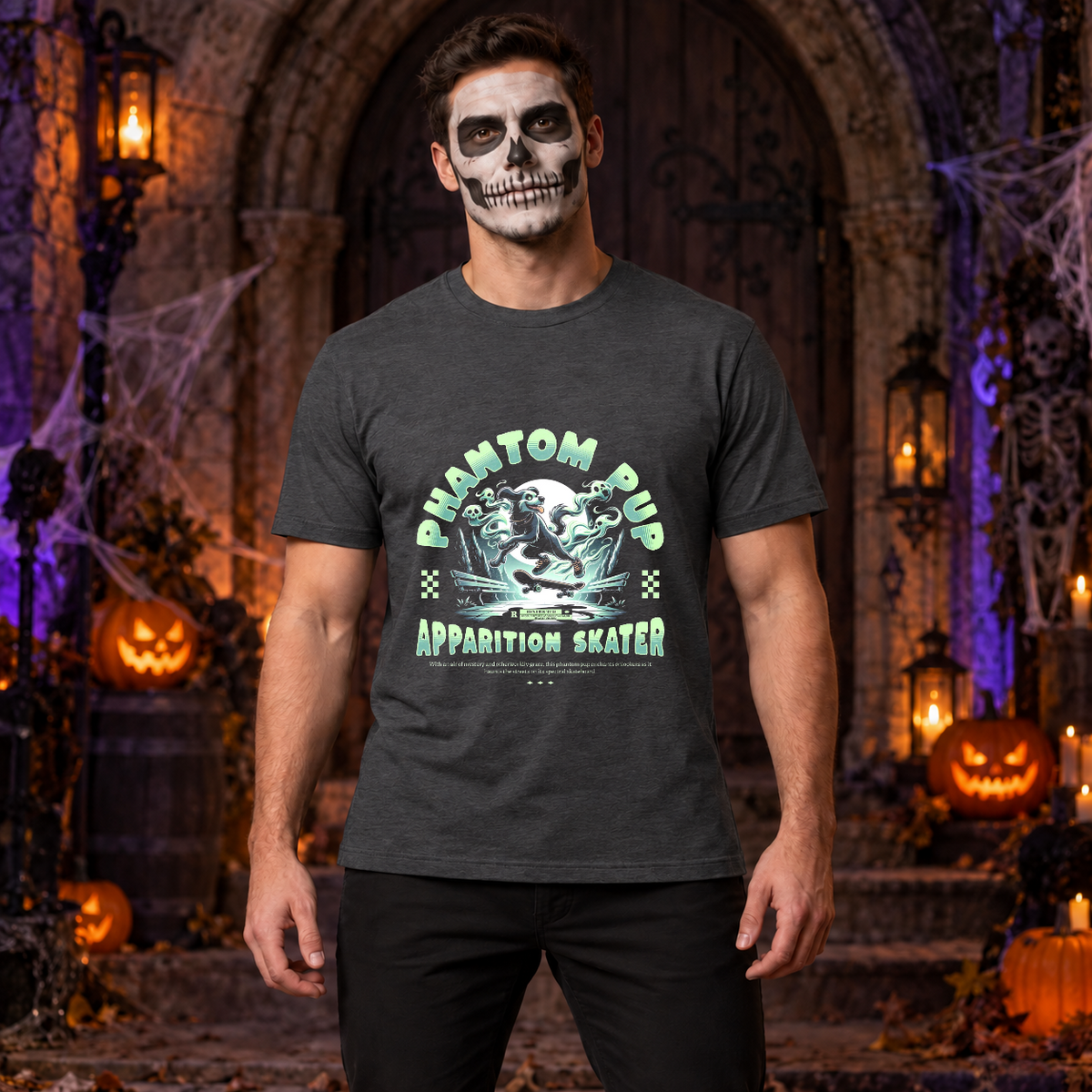 Phantom Pup T-Shirt – Skull & Reaper Gothic Graphic Graphic Tee - Color: dark heather