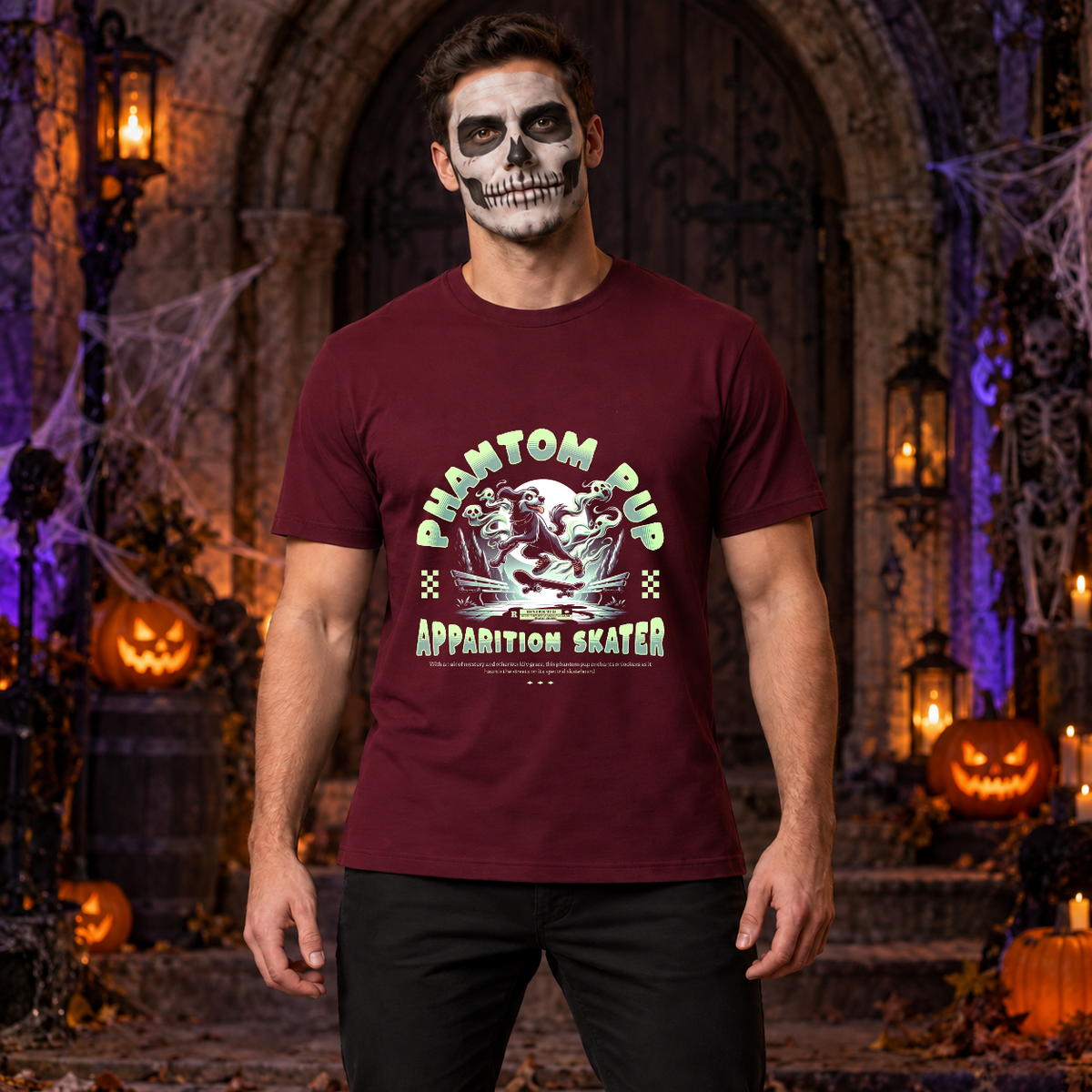 Phantom Pup T-Shirt – Skull & Reaper Gothic Graphic Graphic Tee - Color: maroon