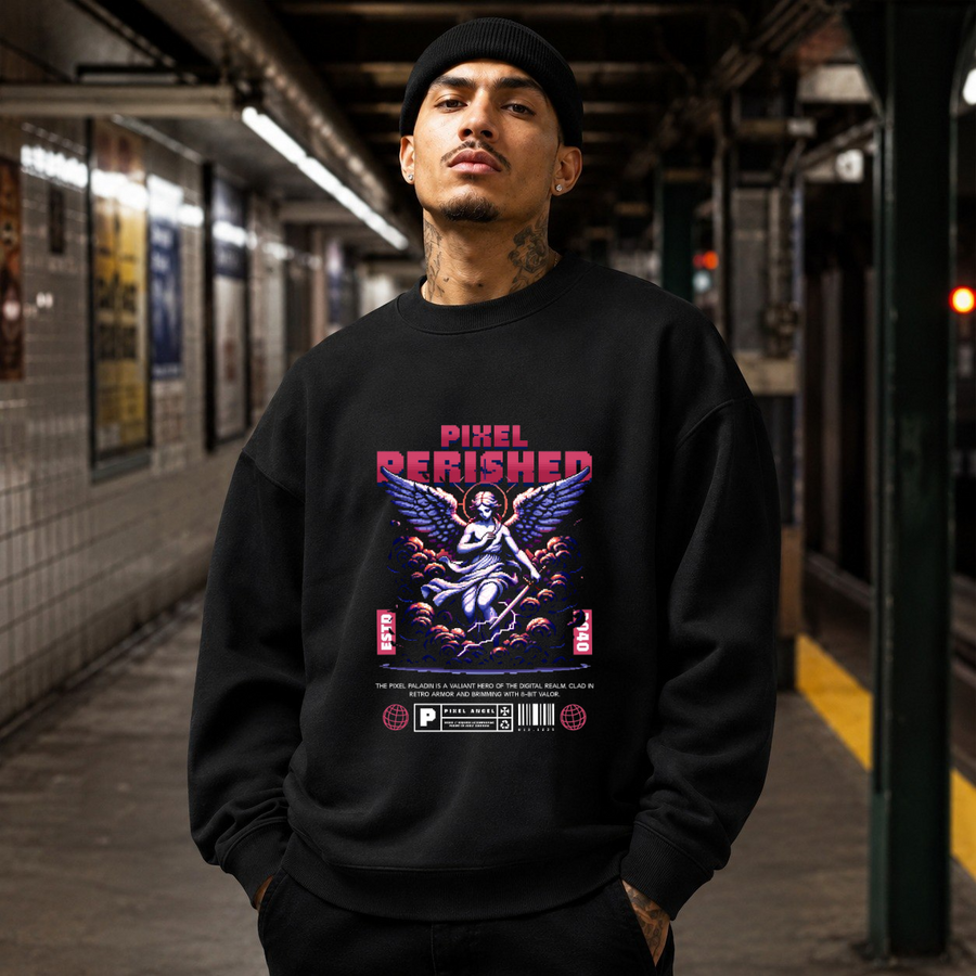 Pixel Perished Angel Sweatshirt – Vintage Y2K / Acid Graphic Streetwear Sweatshirt - Color: black
