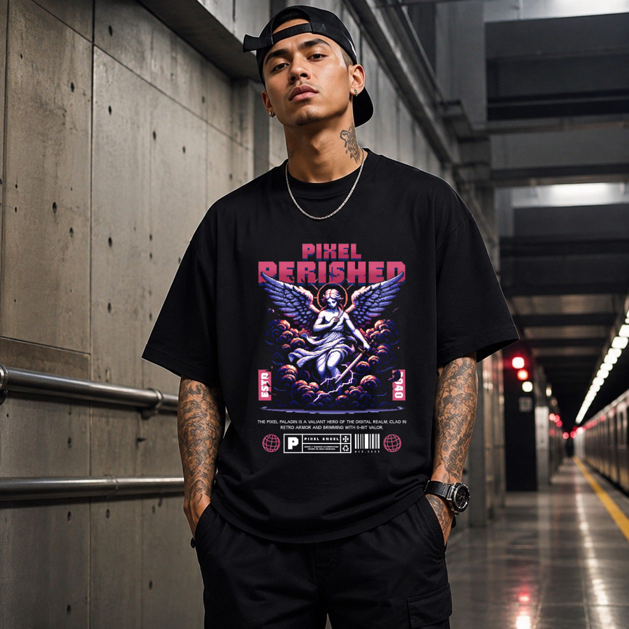 Pixel Perished Angel T-Shirt – Vintage Y2K / Acid Graphic Streetwear Tee - Color: Black