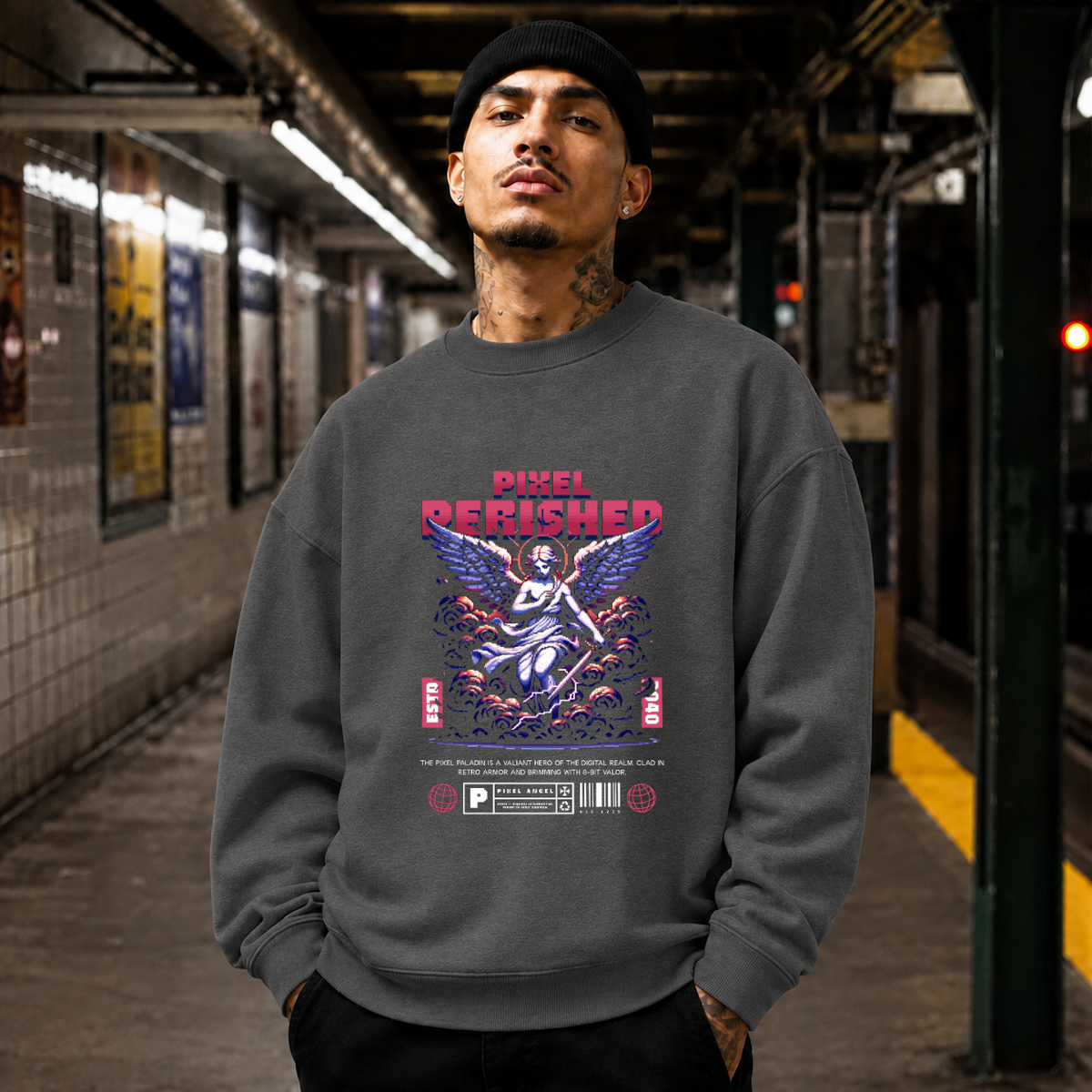 Pixel Perished Angel T-Shirt – Vintage Y2K / Acid Graphic Streetwear Tee - Color: dark heather