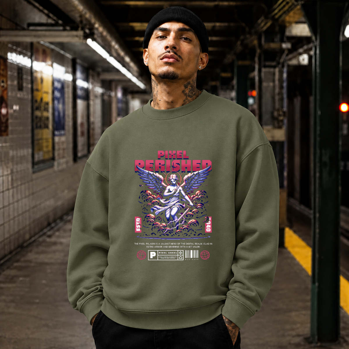 Pixel Perished Angel T-Shirt – Vintage Y2K / Acid Graphic Streetwear Tee - Color: military green