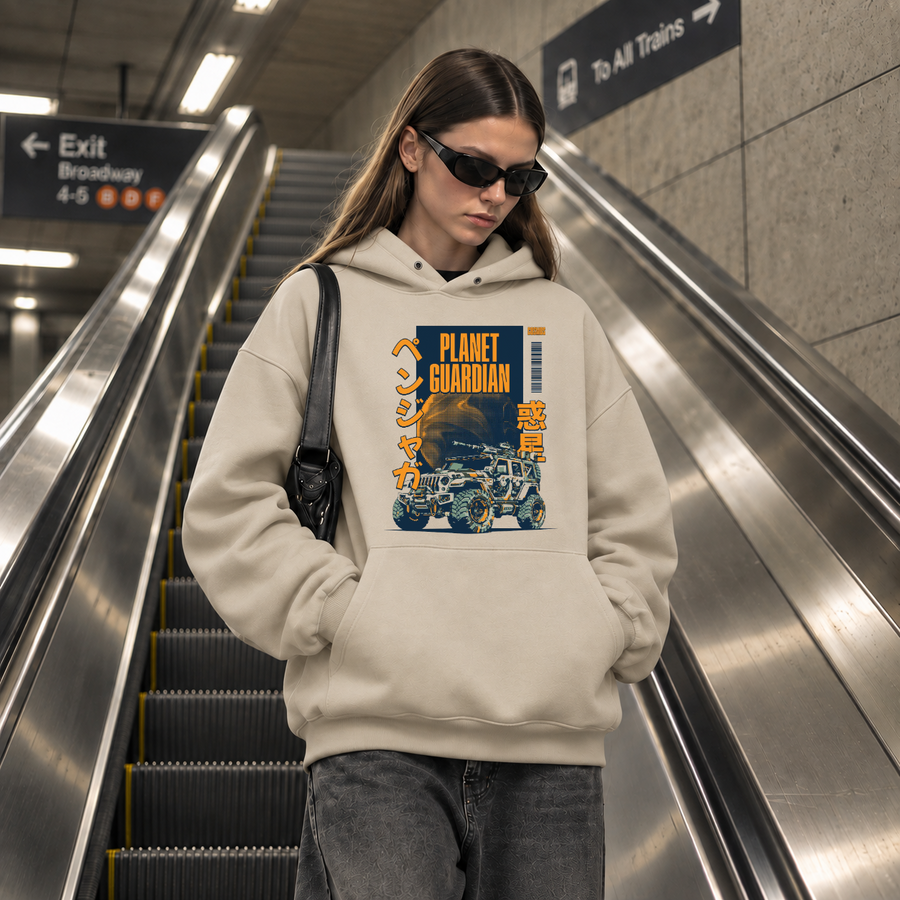 Planet Guardian Retro Badge Jeep Hoodie – Vintage Y2K / Acid Graphic Streetwear Hoodie - Color: sand