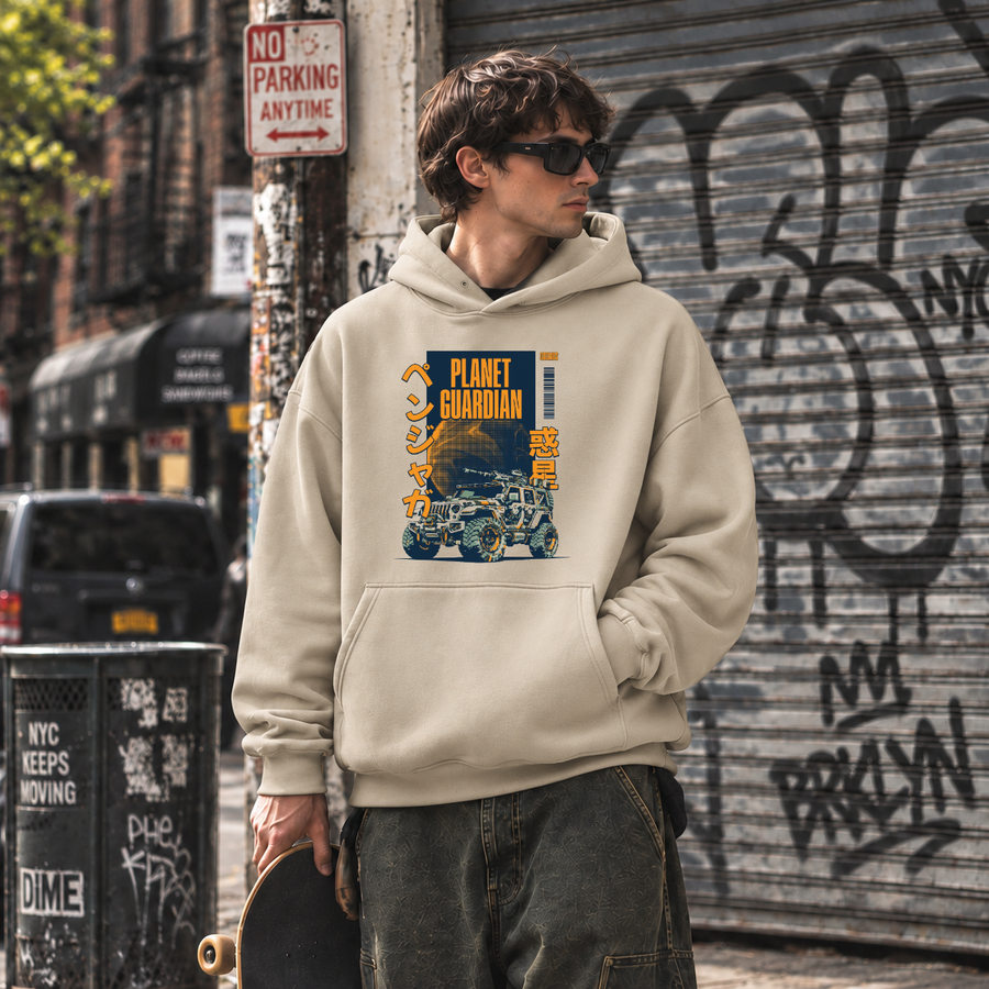 Planet Guardian Retro Badge Jeep Hoodie – Vintage Y2K / Acid Graphic Streetwear Hoodie - Color: sand