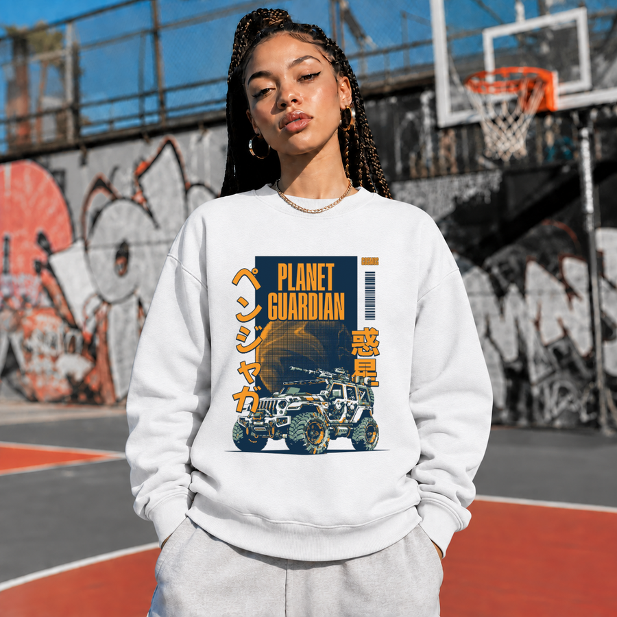 Planet Guardian Retro Badge Jeep Sweatshirt – Vintage Y2K / Acid Graphic Streetwear Sweatshirt - Color: ash