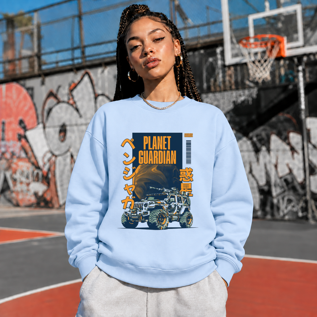 Planet Guardian Retro Badge Jeep T-Shirt – Vintage Y2K / Acid Graphic Streetwear Tee - Color: light blue