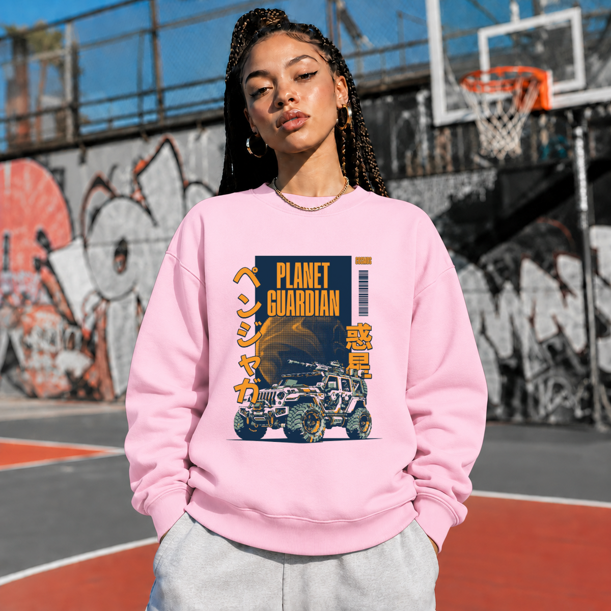 Planet Guardian Retro Badge Jeep T-Shirt – Vintage Y2K / Acid Graphic Streetwear Tee - Color: light pink