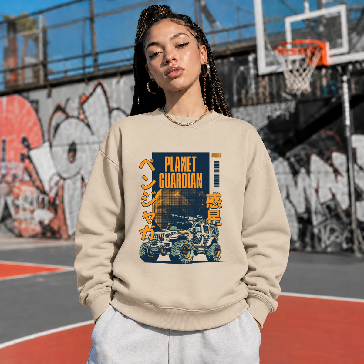 Planet Guardian Retro Badge Jeep T-Shirt – Vintage Y2K / Acid Graphic Streetwear Tee - Color: sand