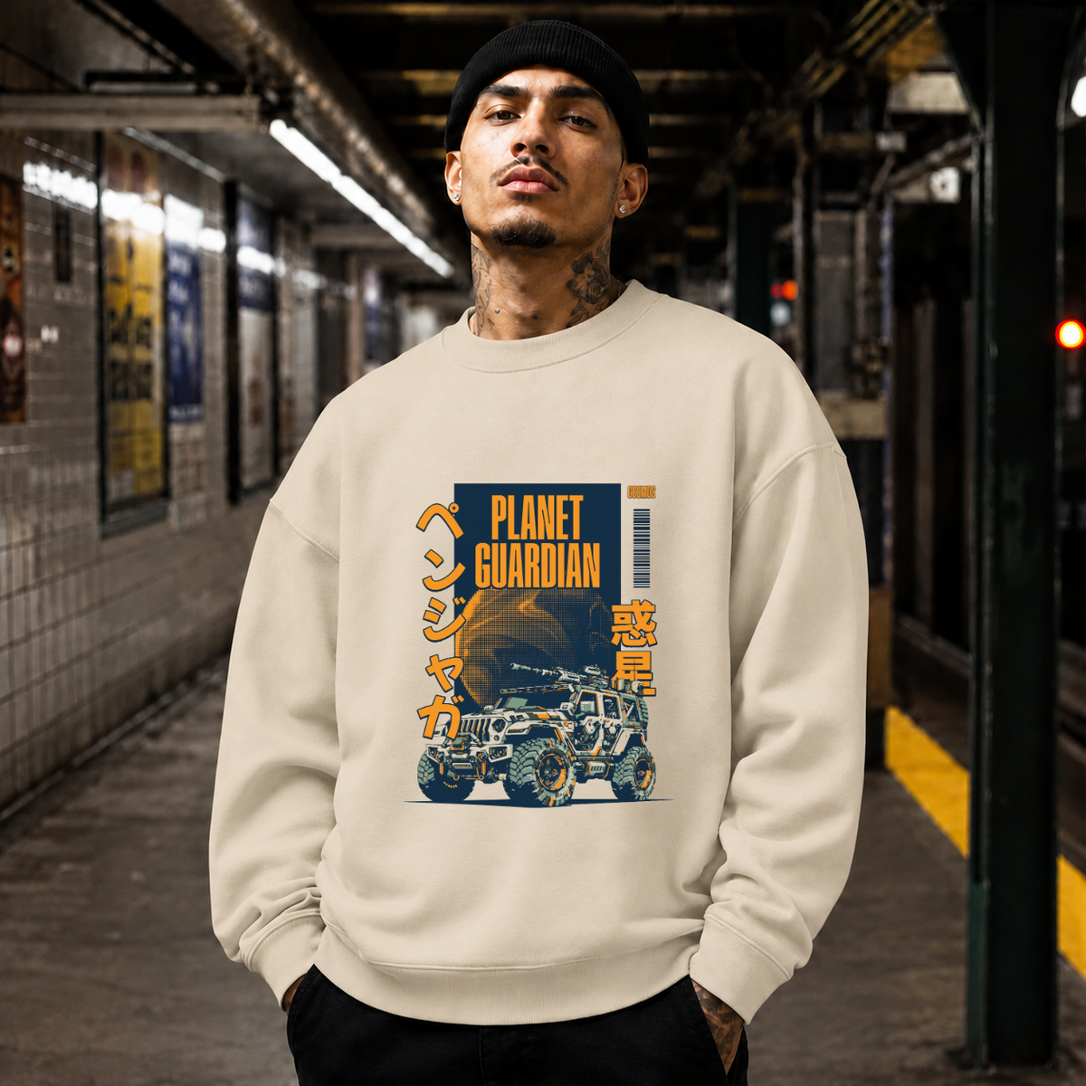 Planet Guardian Retro Badge Jeep T-Shirt – Vintage Y2K / Acid Graphic Streetwear Tee - Color: sand