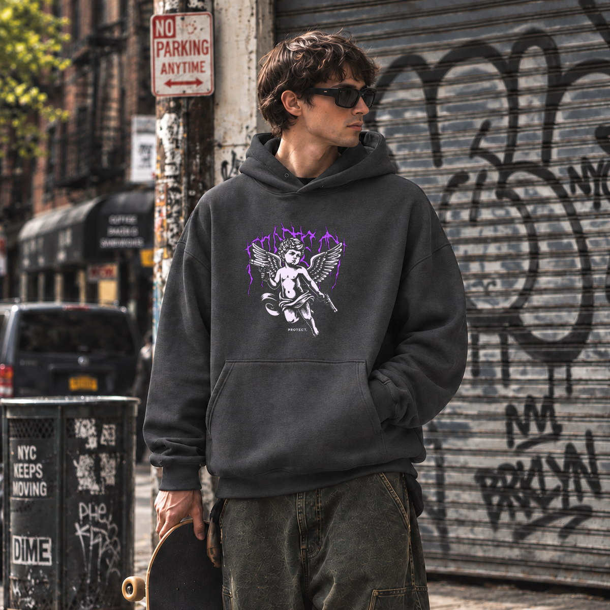 Protect Cherub Hoodie – Religious Imagery Collage Graphic Hoodie - Color: dark heather