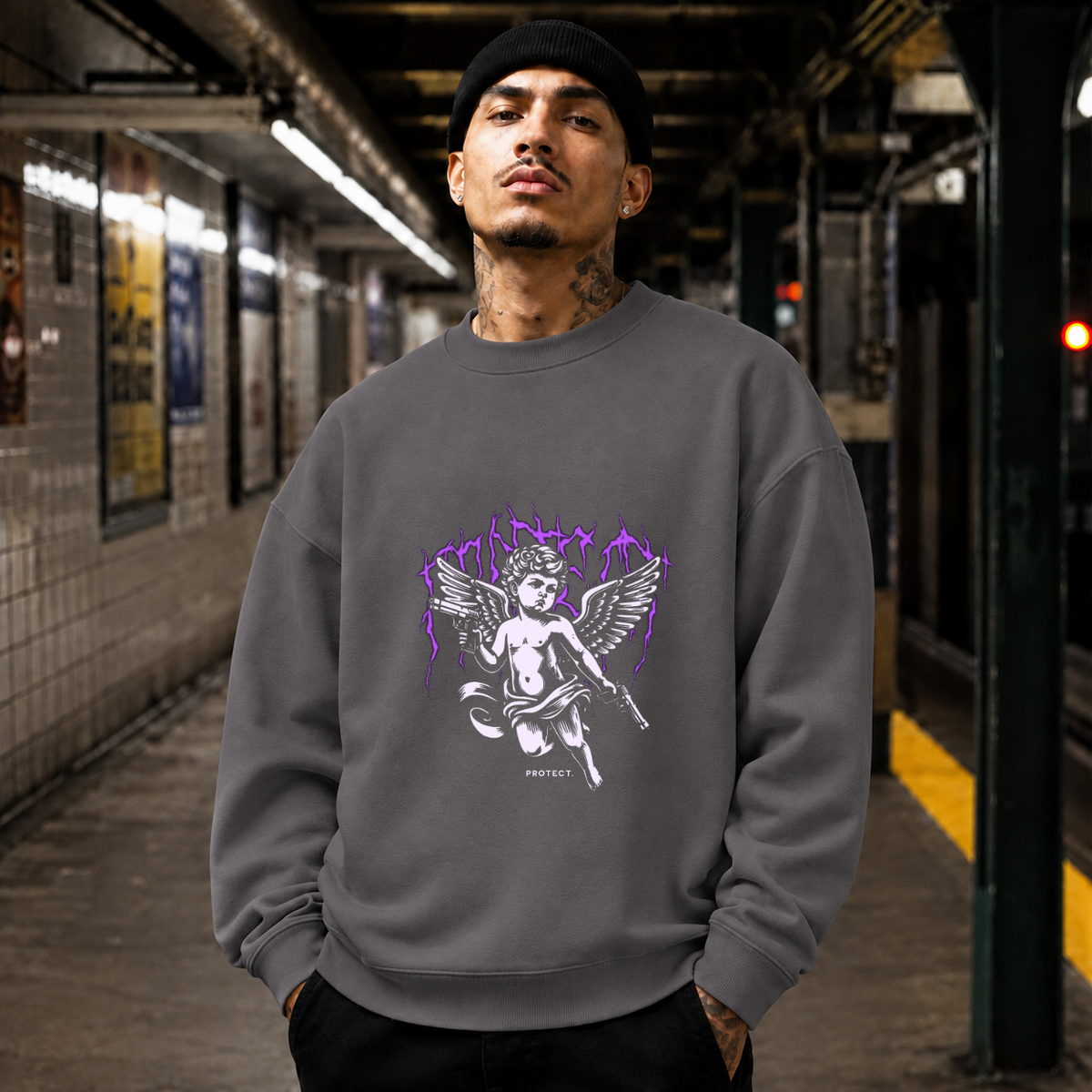 Protect Cherub Sweatshirt – Religious Imagery Collage Graphic Sweatshirt - Color: charcoal