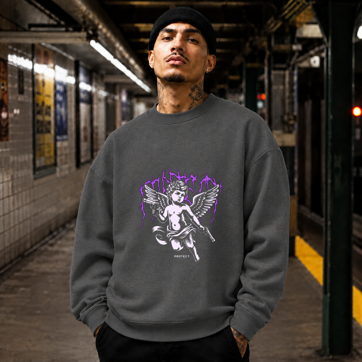 Protect Cherub Sweatshirt – Religious Imagery Collage Graphic Sweatshirt - Color: dark heather
