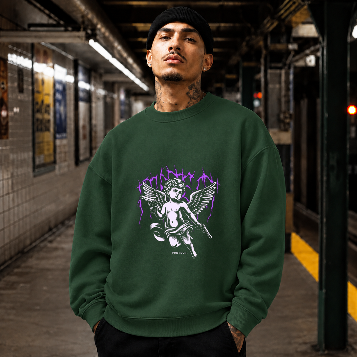 Protect Cherub Sweatshirt – Religious Imagery Collage Graphic Sweatshirt - Color: forest green