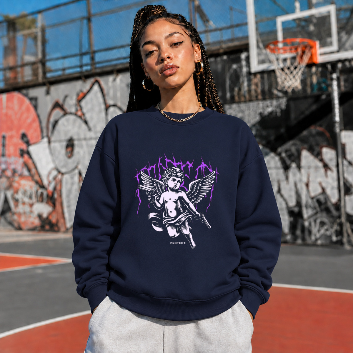 Protect Cherub Sweatshirt – Religious Imagery Collage Graphic Sweatshirt - Color: navy
