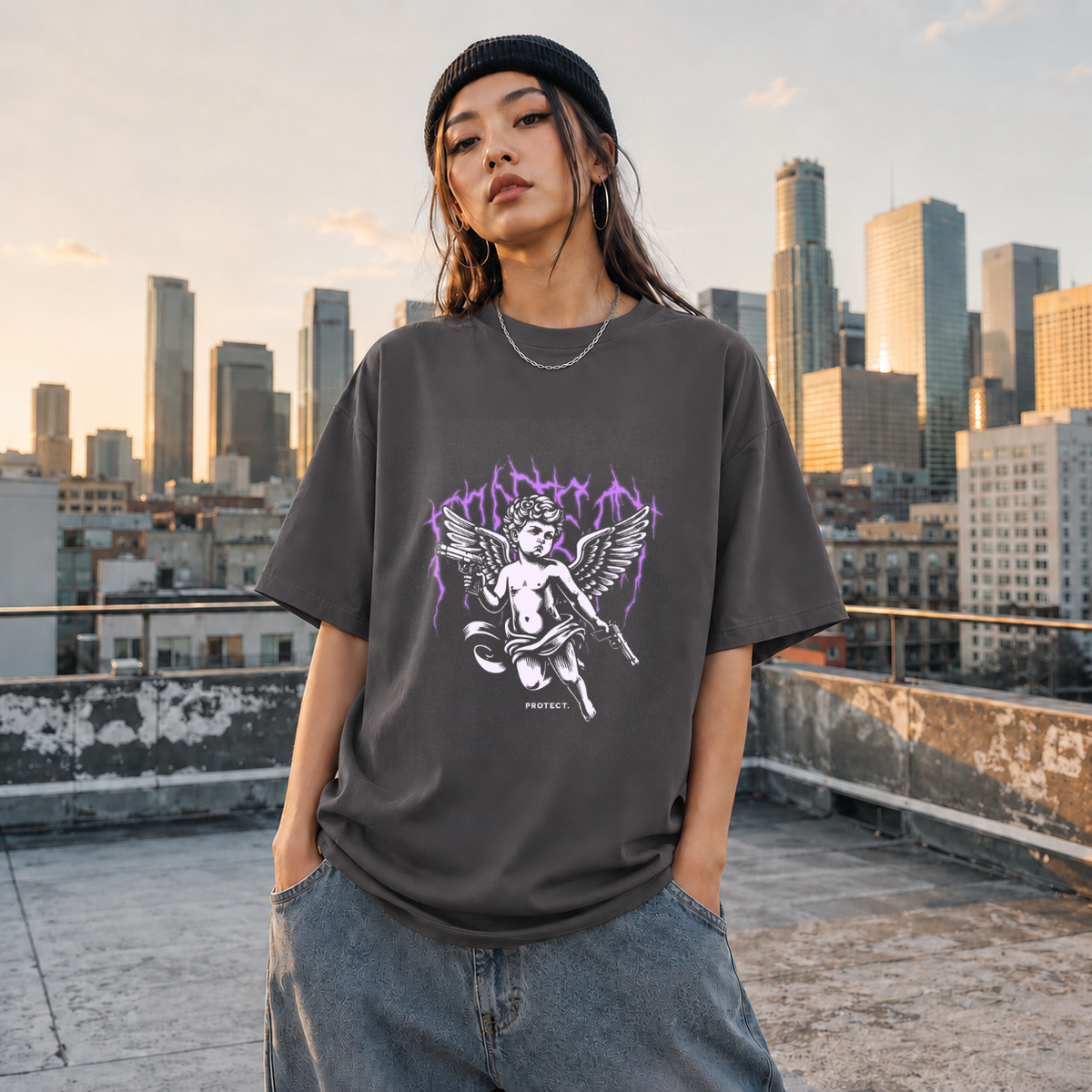 Protect Cherub T-Shirt – Religious Imagery Collage Graphic Tee - Color: Charcoal