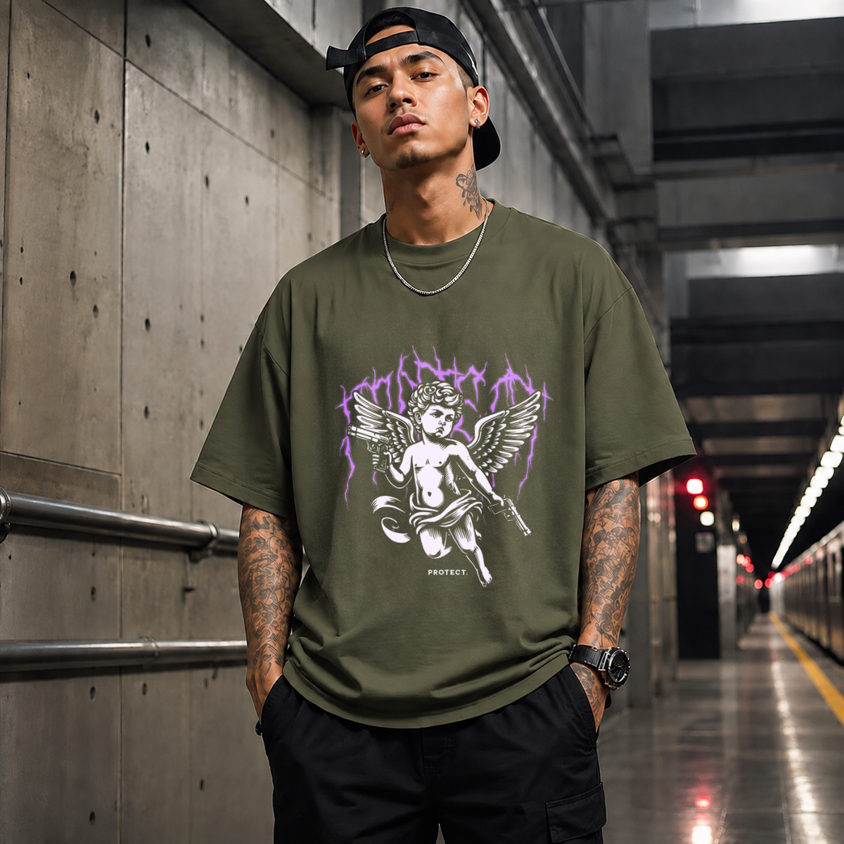 Protect Cherub T-Shirt – Religious Imagery Collage Graphic Tee - Color: Military Green