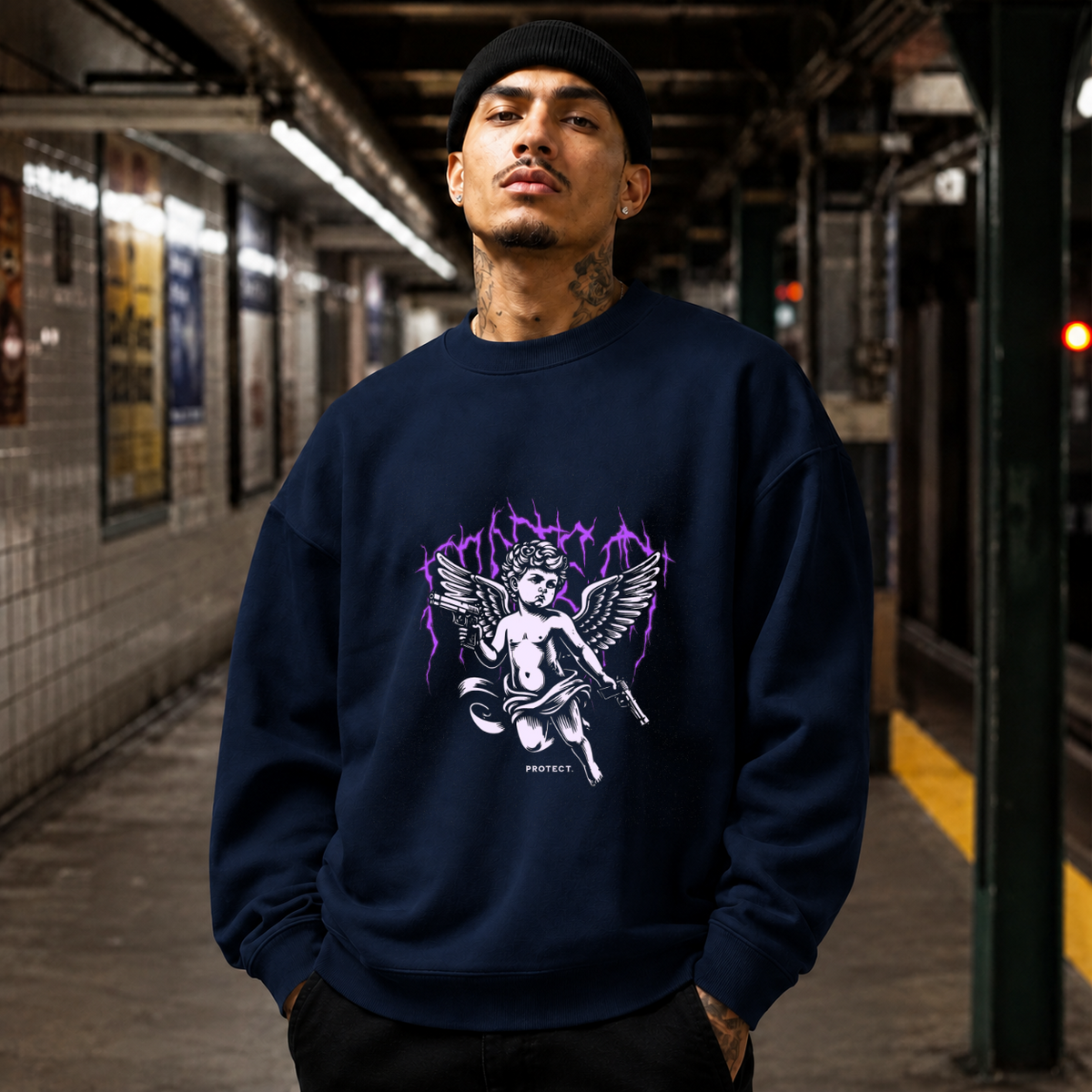 Protect Cherub T-Shirt – Religious Imagery Collage Graphic Tee - Color: navy