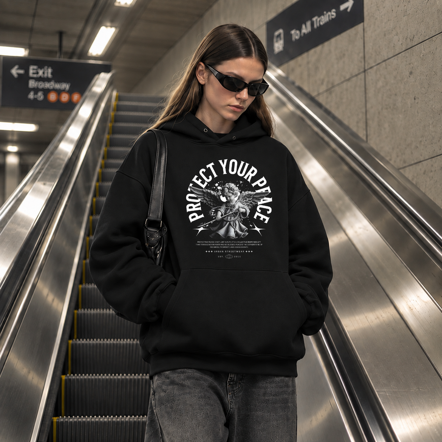 Protect Your Peace Angel Hoodie – Religious Imagery Collage Graphic Hoodie - Color: black