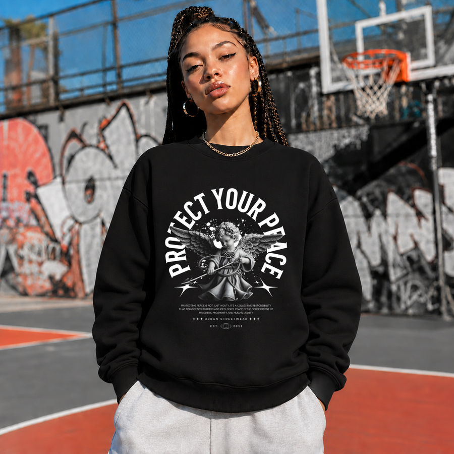 Protect Your Peace Angel Sweatshirt – Religious Imagery Collage Graphic Sweatshirt - Color: black