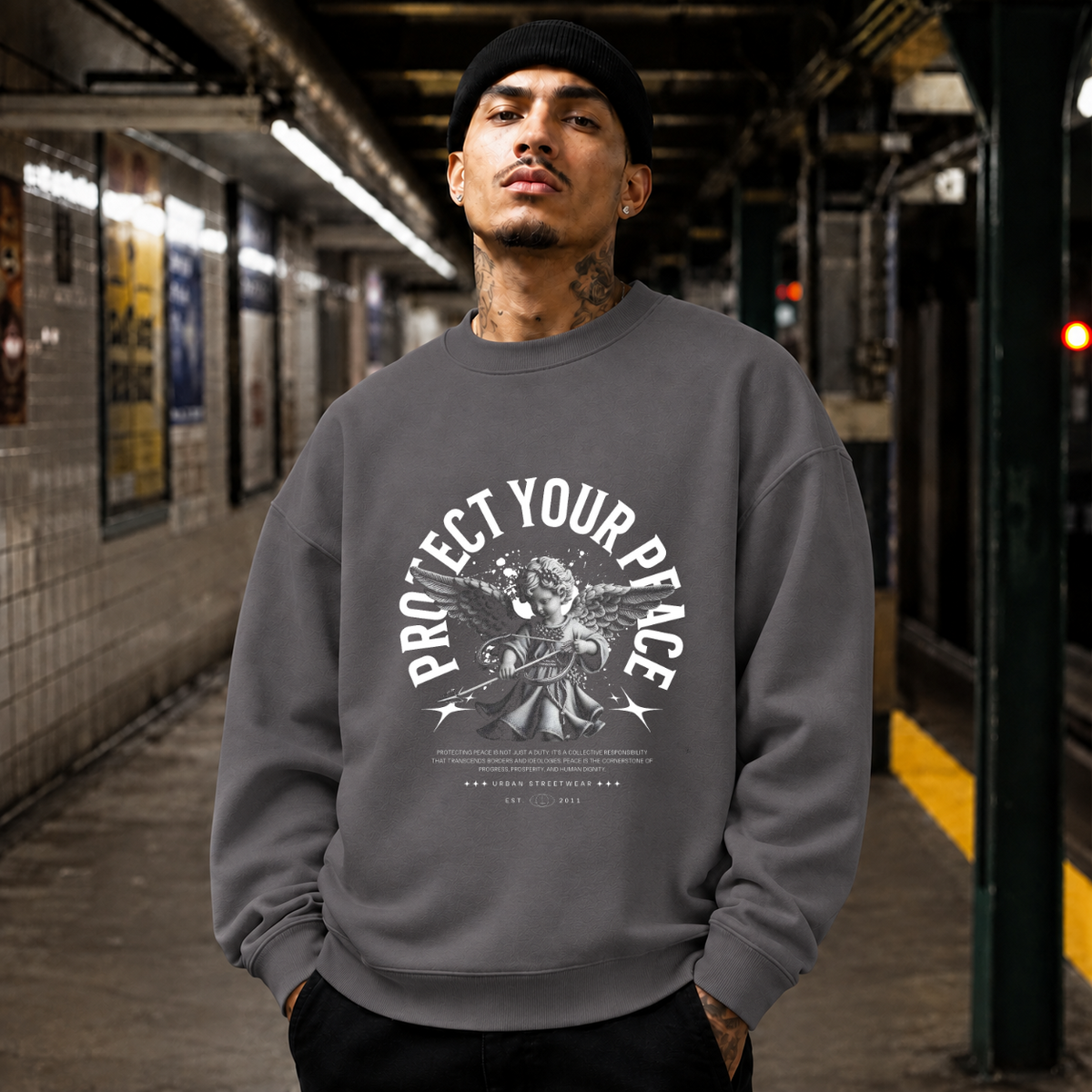 Protect Your Peace Angel T-Shirt – Religious Imagery Collage Graphic Tee - Color: charcoal