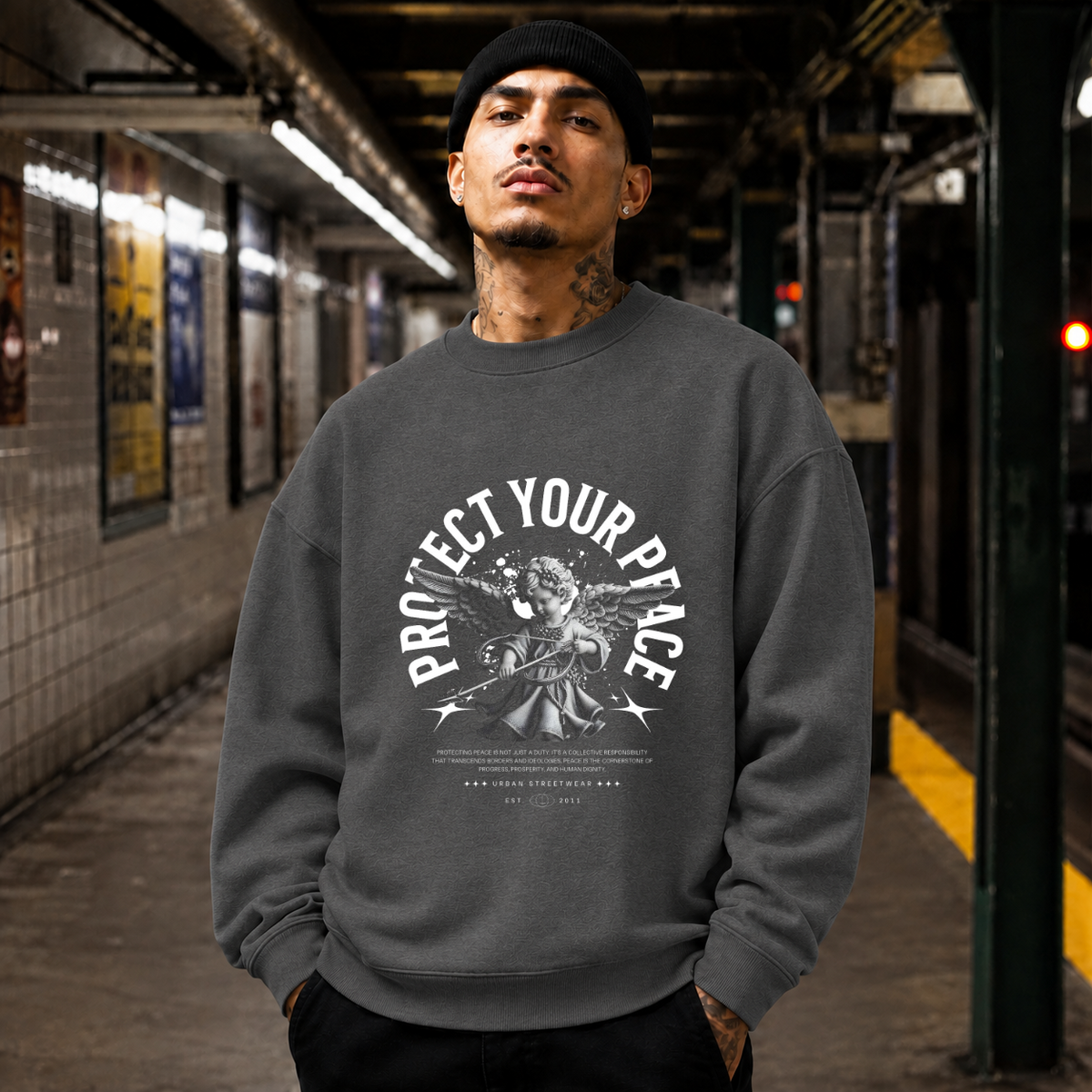 Protect Your Peace Angel T-Shirt – Religious Imagery Collage Graphic Tee - Color: dark heather