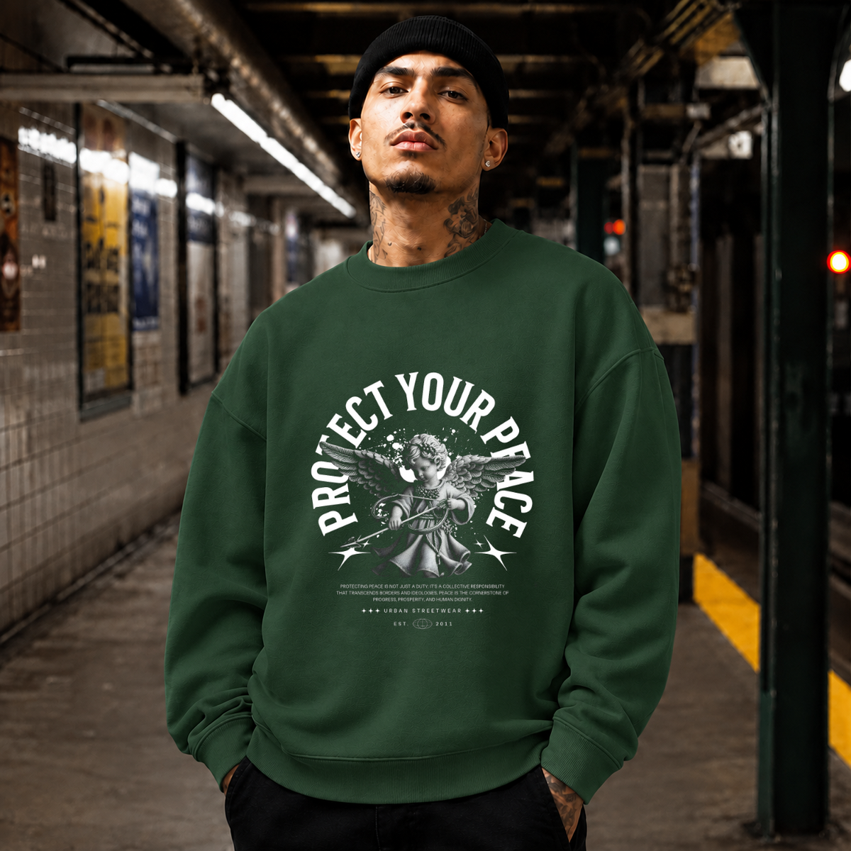 Protect Your Peace Angel T-Shirt – Religious Imagery Collage Graphic Tee - Color: forest green