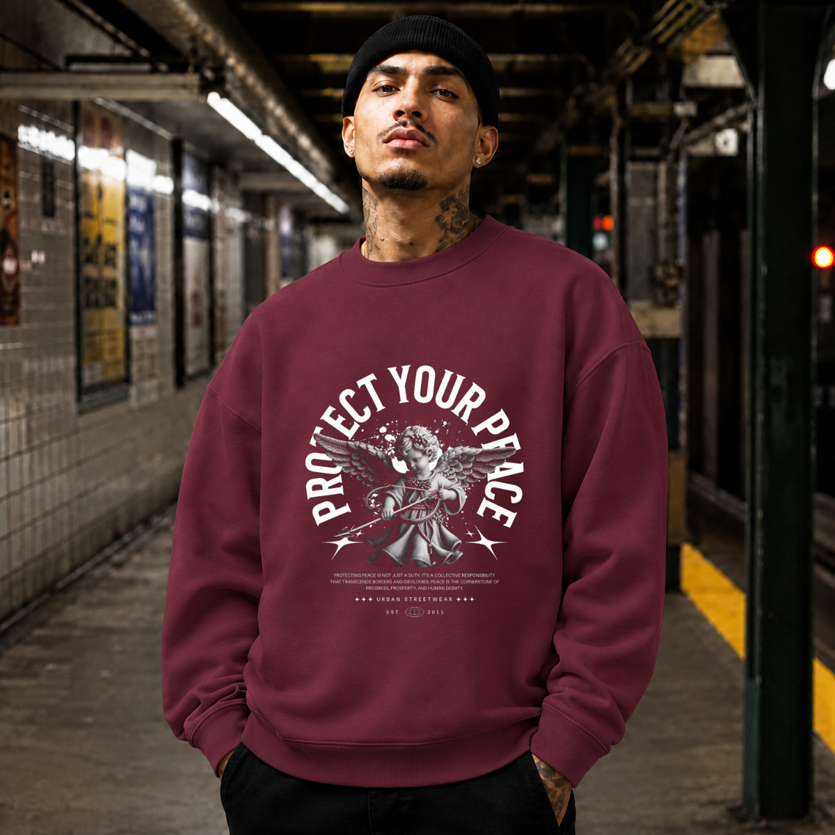 Protect Your Peace Angel T-Shirt – Religious Imagery Collage Graphic Tee - Color: maroon