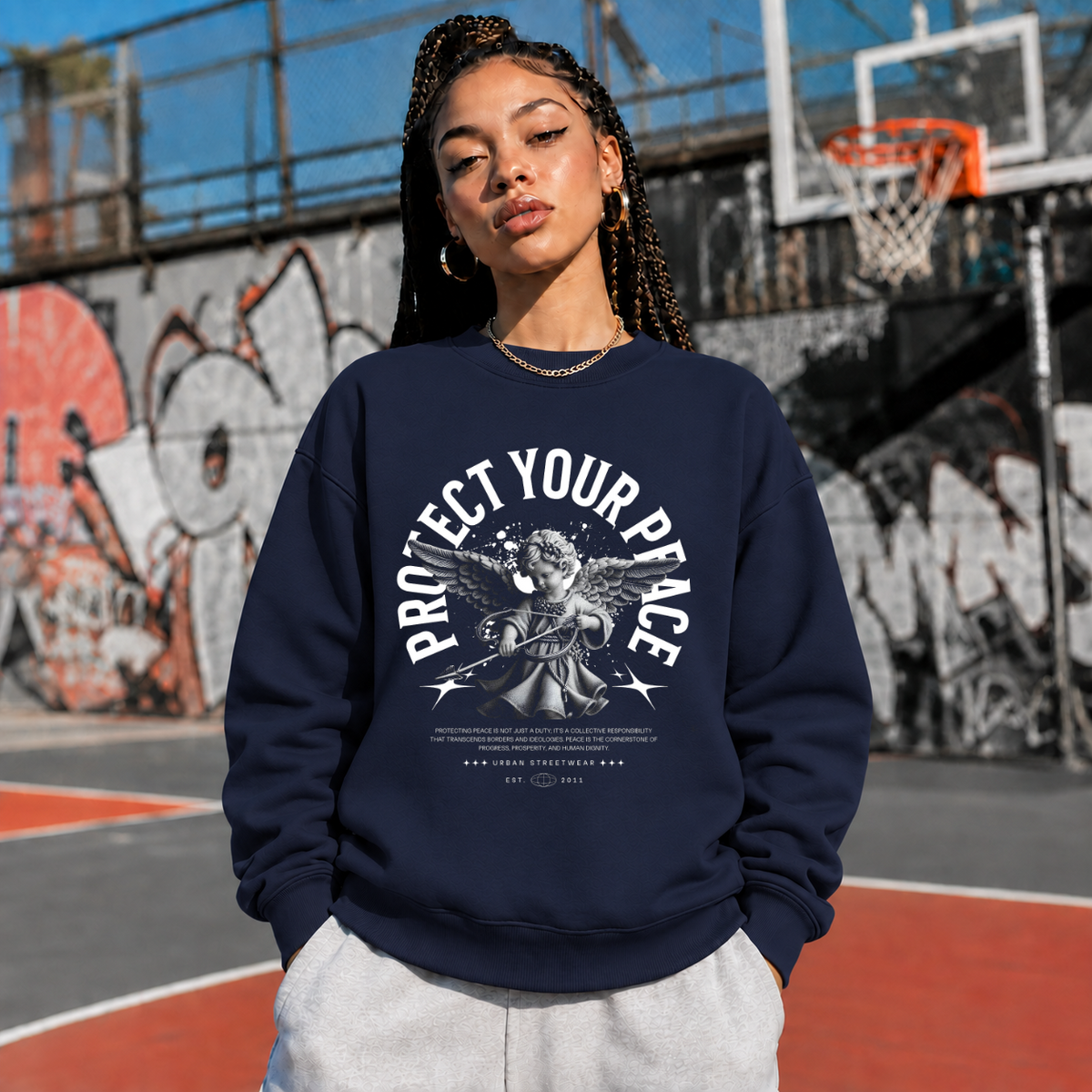 Protect Your Peace Angel T-Shirt – Religious Imagery Collage Graphic Tee - Color: navy