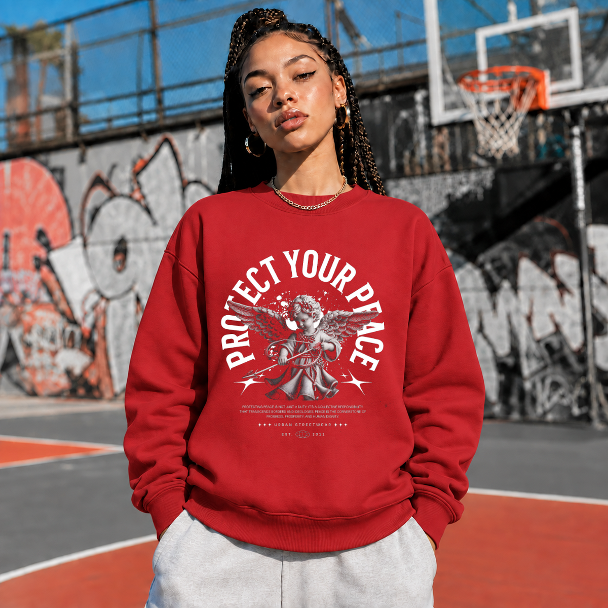 Protect Your Peace Angel T-Shirt – Religious Imagery Collage Graphic Tee - Color: red