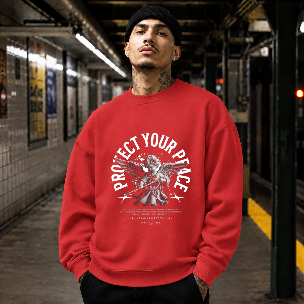 Protect Your Peace Angel T-Shirt – Religious Imagery Collage Graphic Tee - Color: red