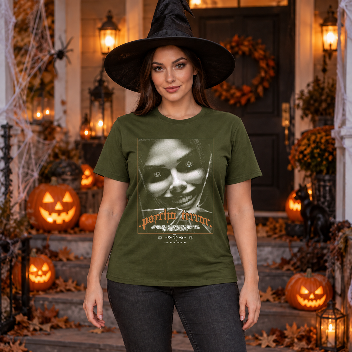 Psycho Terror T-Shirt – Skull & Reaper Gothic Graphic Graphic Tee - Color: military green
