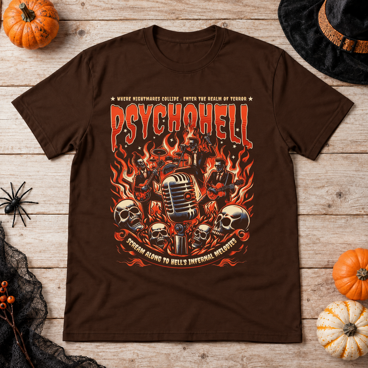Psychohell T-Shirt – Skull & Reaper Gothic Graphic Graphic Tee - Color: chocolate