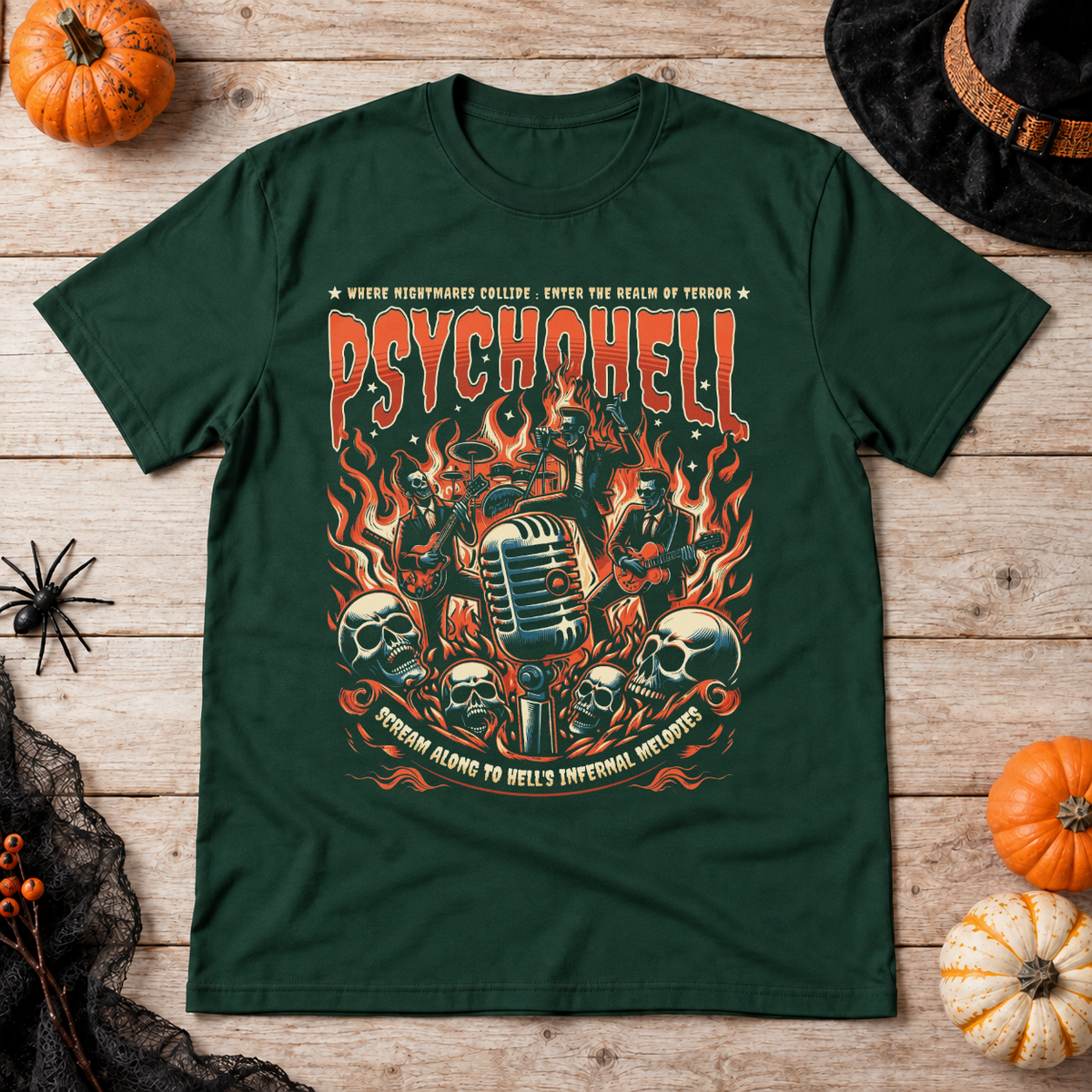 Psychohell T-Shirt – Skull & Reaper Gothic Graphic Graphic Tee - Color: forest green