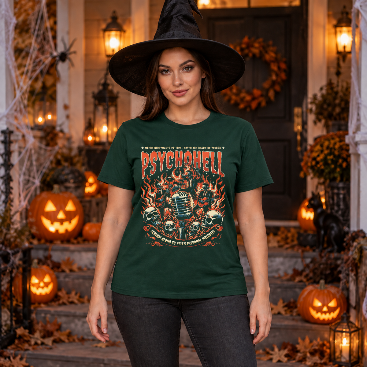 Psychohell T-Shirt – Skull & Reaper Gothic Graphic Graphic Tee - Color: forest green