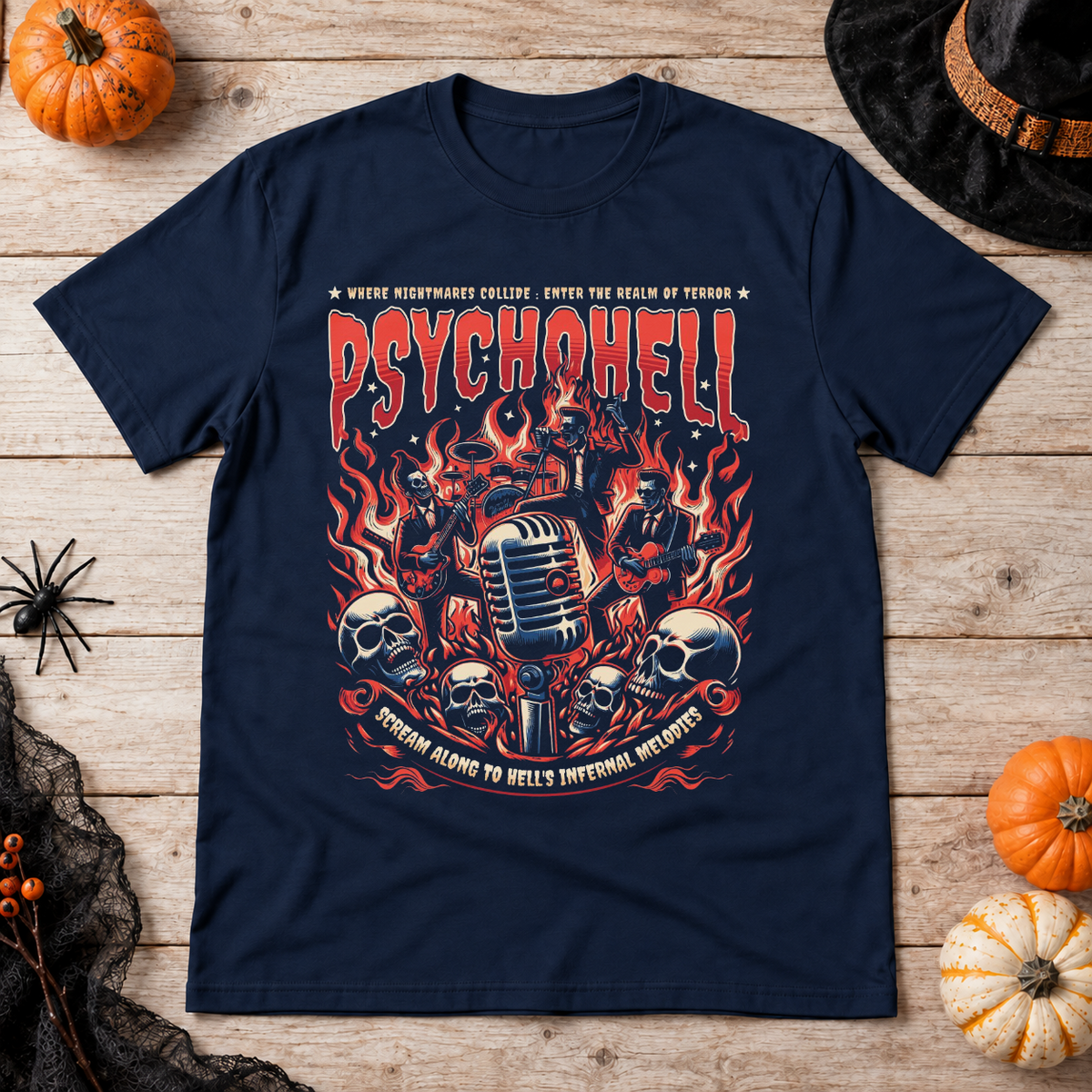 Psychohell T-Shirt – Skull & Reaper Gothic Graphic Graphic Tee - Color: navy