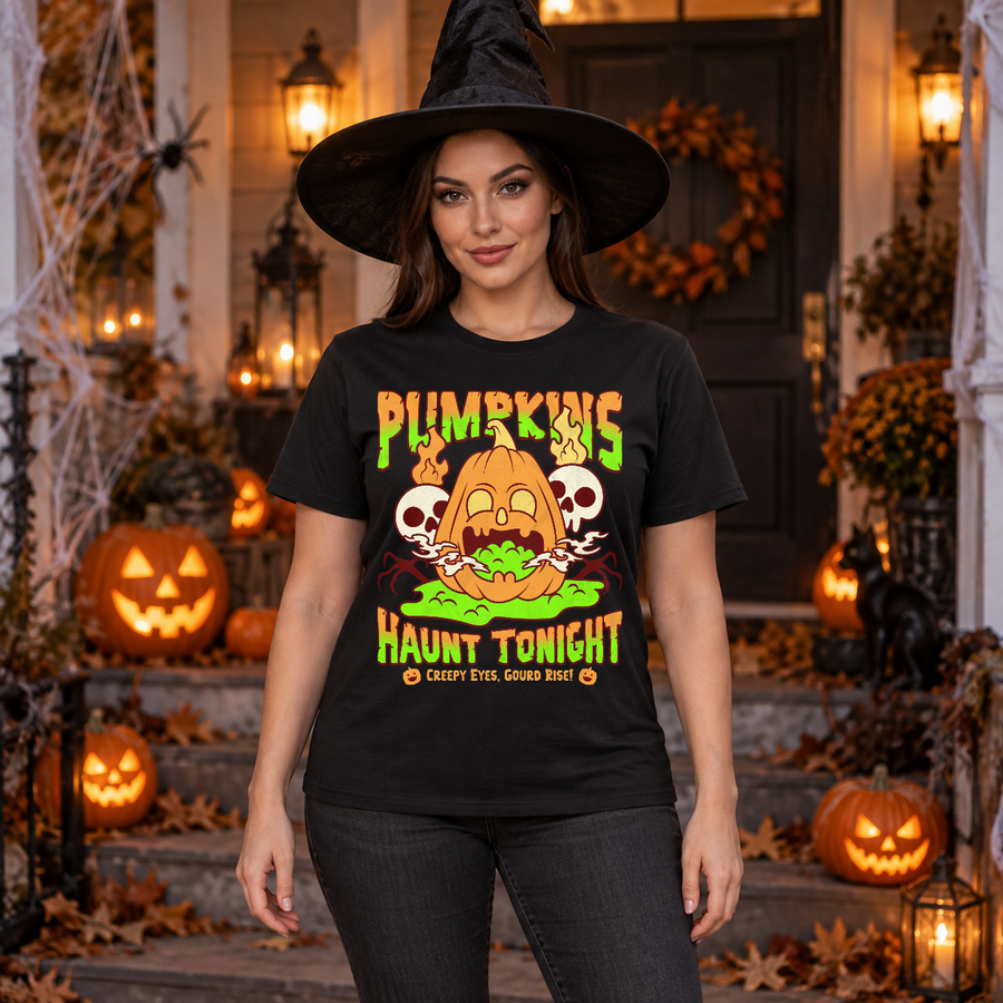 Pumpkins Haunt Tonight Spooky Halloween T-Shirt – Halloween Streetwear Graphic Graphic Tee - Color: black