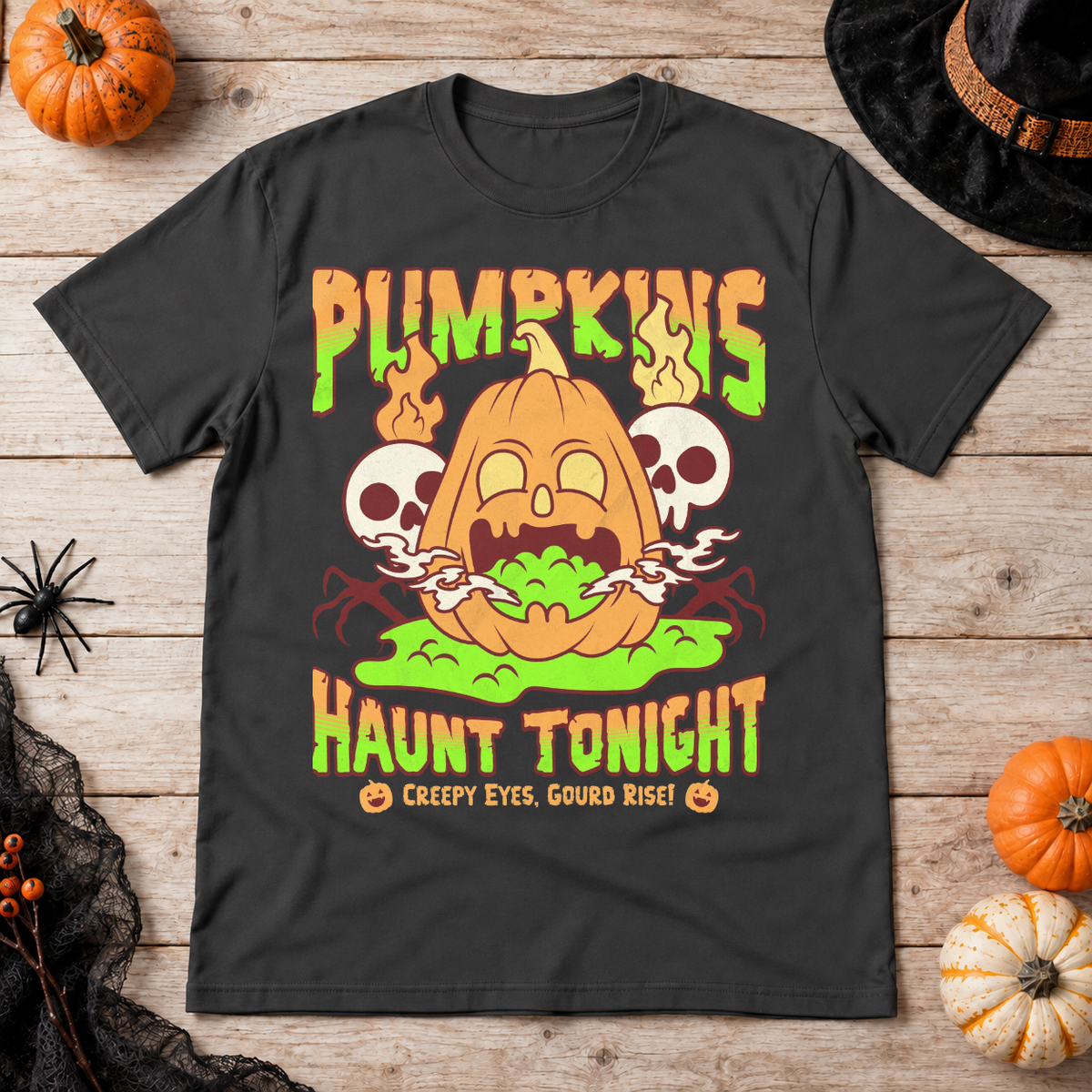 Pumpkins Haunt Tonight Spooky Halloween T-Shirt – Halloween Streetwear Graphic Graphic Tee - Color: charcoal