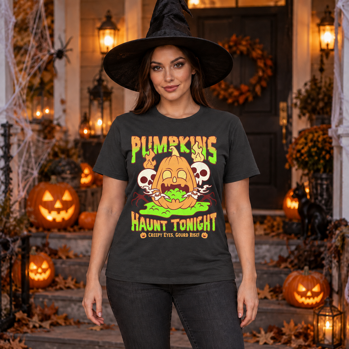 Pumpkins Haunt Tonight Spooky Halloween T-Shirt – Halloween Streetwear Graphic Graphic Tee - Color: charcoal
