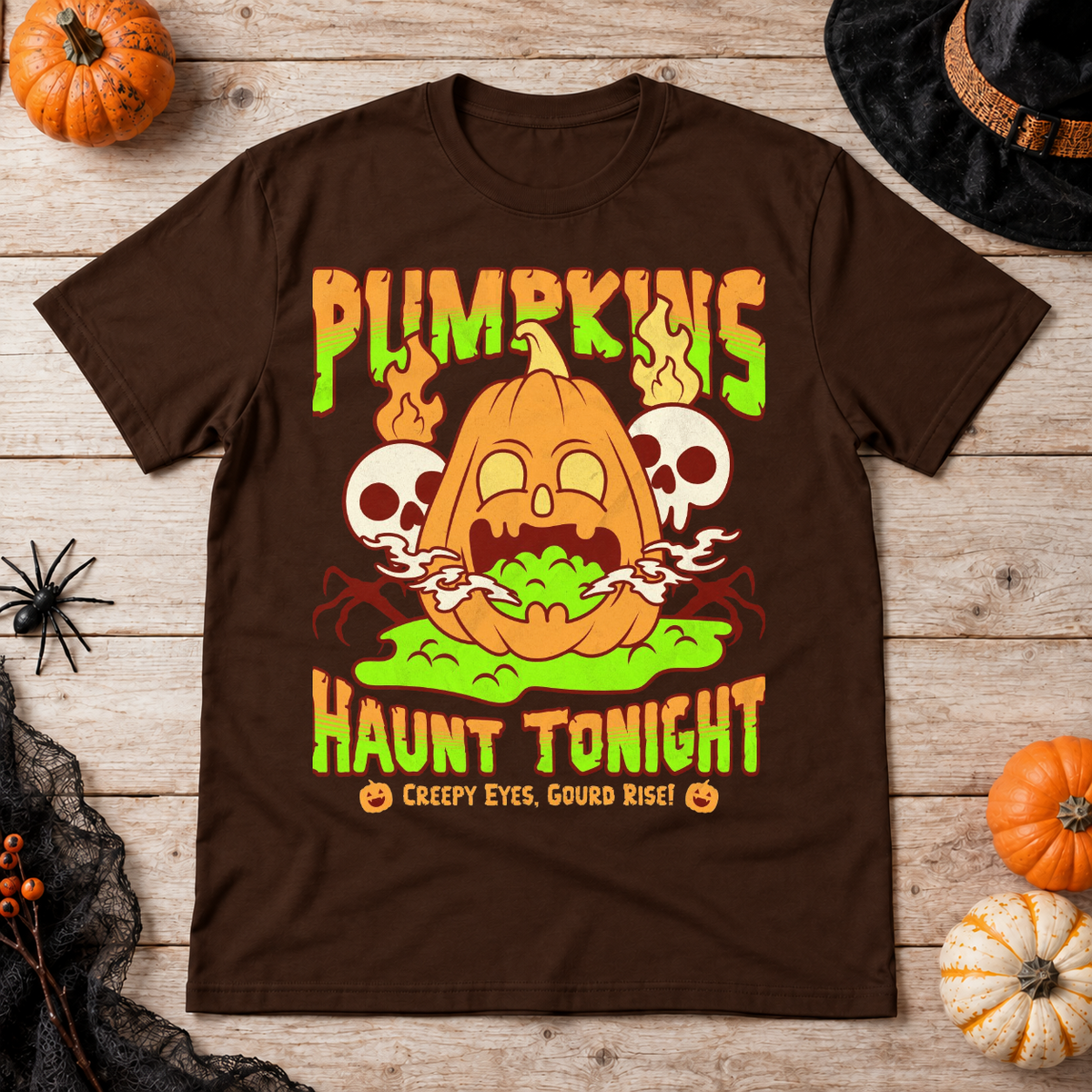 Pumpkins Haunt Tonight Spooky Halloween T-Shirt – Halloween Streetwear Graphic Graphic Tee - Color: chocolate
